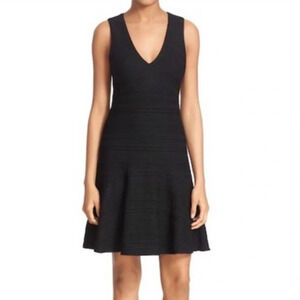 Rebecca Taylor V Neck Textured Stripe Dress Black 4 Classic LBD Occasion Chic